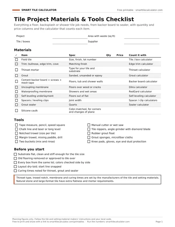 Preview of the free printable Tile Project Materials & Tools Checklist PDF