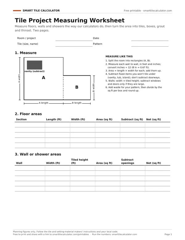 Preview of the free printable Tile Project Measuring Worksheet PDF